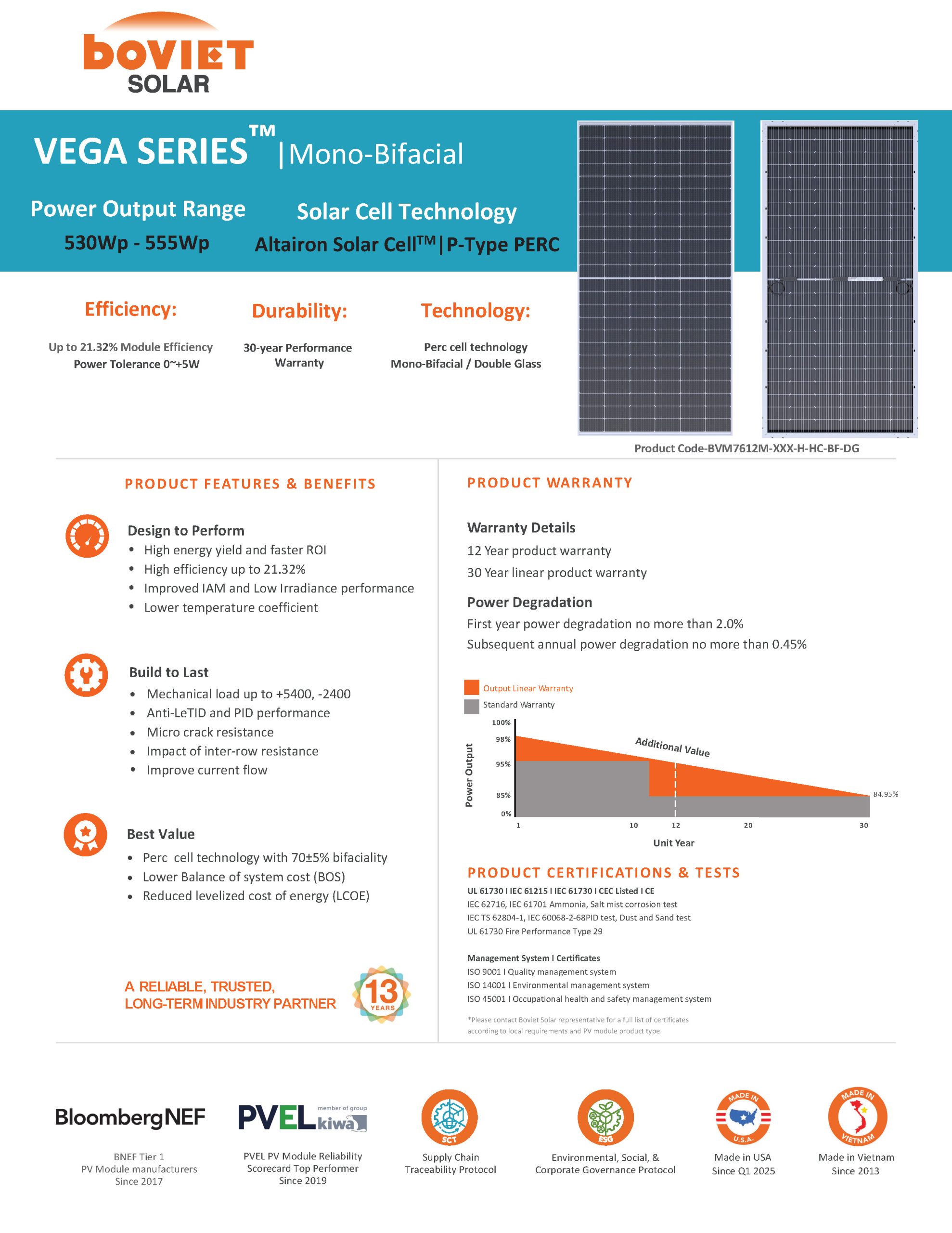 Boviet Solar Perc Vega Bvm7612m 530 555w H Hc Bf Dg
