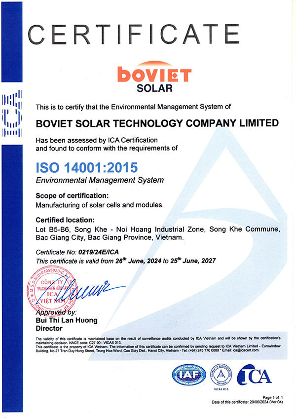 Boviet Solar Pv Module Manufacturing Certificate Iso 14001