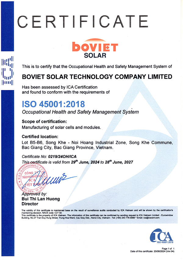 Boviet Solar Pv Module Manufacturing Certificate Iso 45001