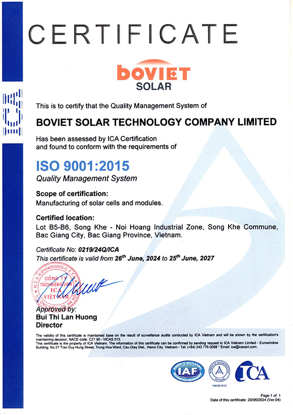 Boviet Solar Pv Module Manufacturing Certificate Iso 9001